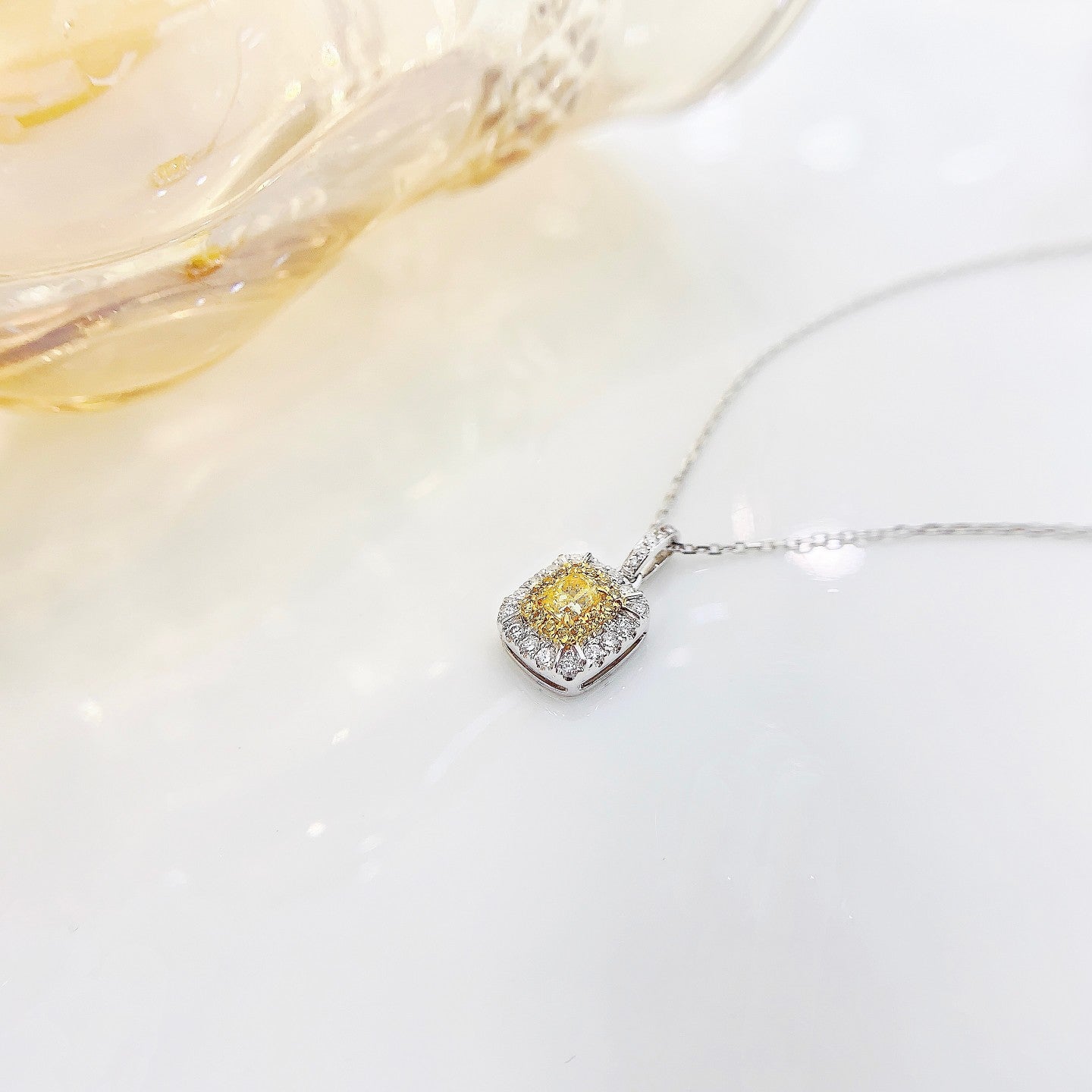 18K Yellow Gold Diamond Delicate Cushion-Cut Halo Necklace - Yellow Diamond Necklace