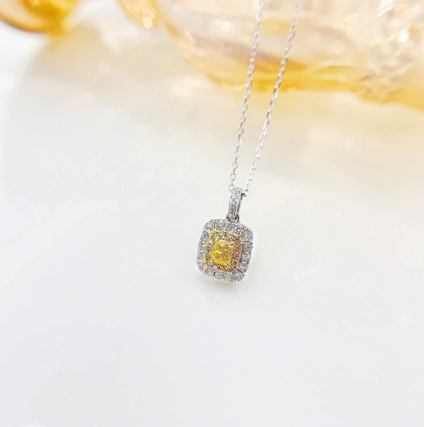 18K Yellow Gold Diamond Delicate Cushion-Cut Halo Necklace - Yellow Diamond Necklace