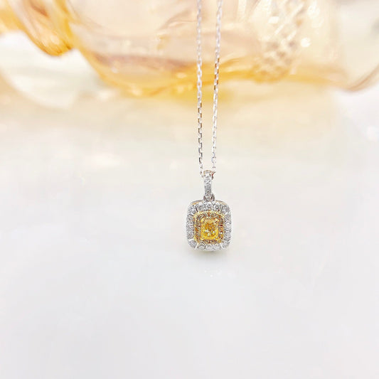 18K Yellow Gold Diamond Delicate Cushion-Cut Halo Necklace - Yellow Diamond Necklace