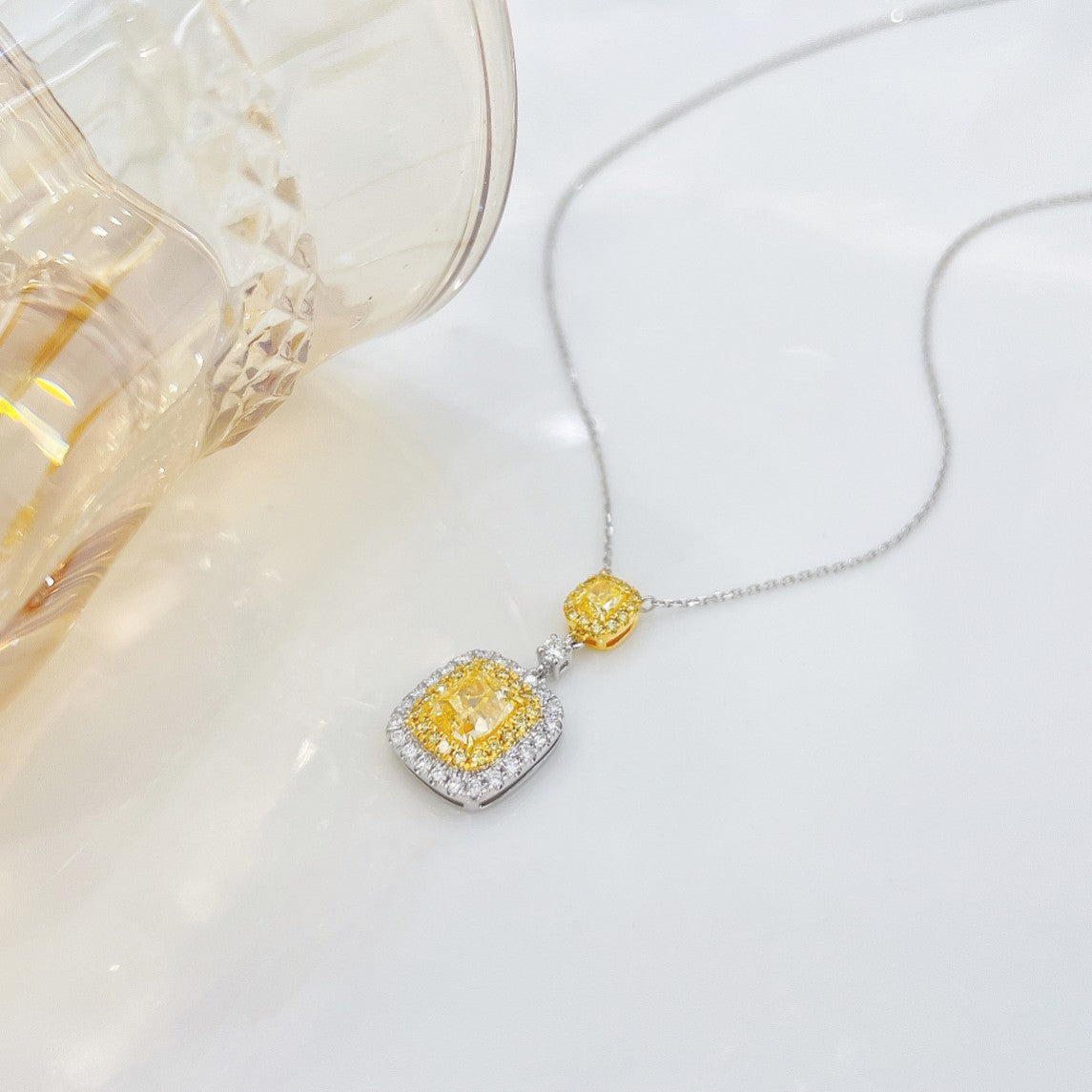 18K Yellow Gold Diamond Double Cushion-Cut Pendant Necklace - Premium Jewelry - Yellow Diamond Necklace