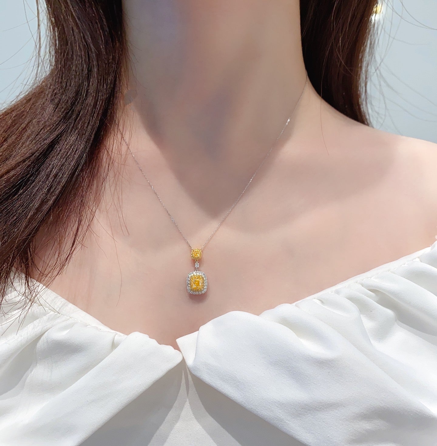 18K Yellow Gold Diamond Double Cushion-Cut Pendant Necklace - Premium Jewelry - Yellow Diamond Necklace