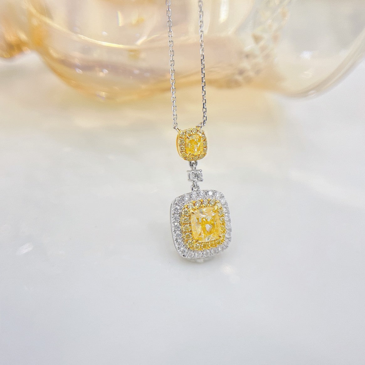 18K Yellow Gold Diamond Double Cushion-Cut Pendant Necklace - Premium Jewelry - Yellow Diamond Necklace