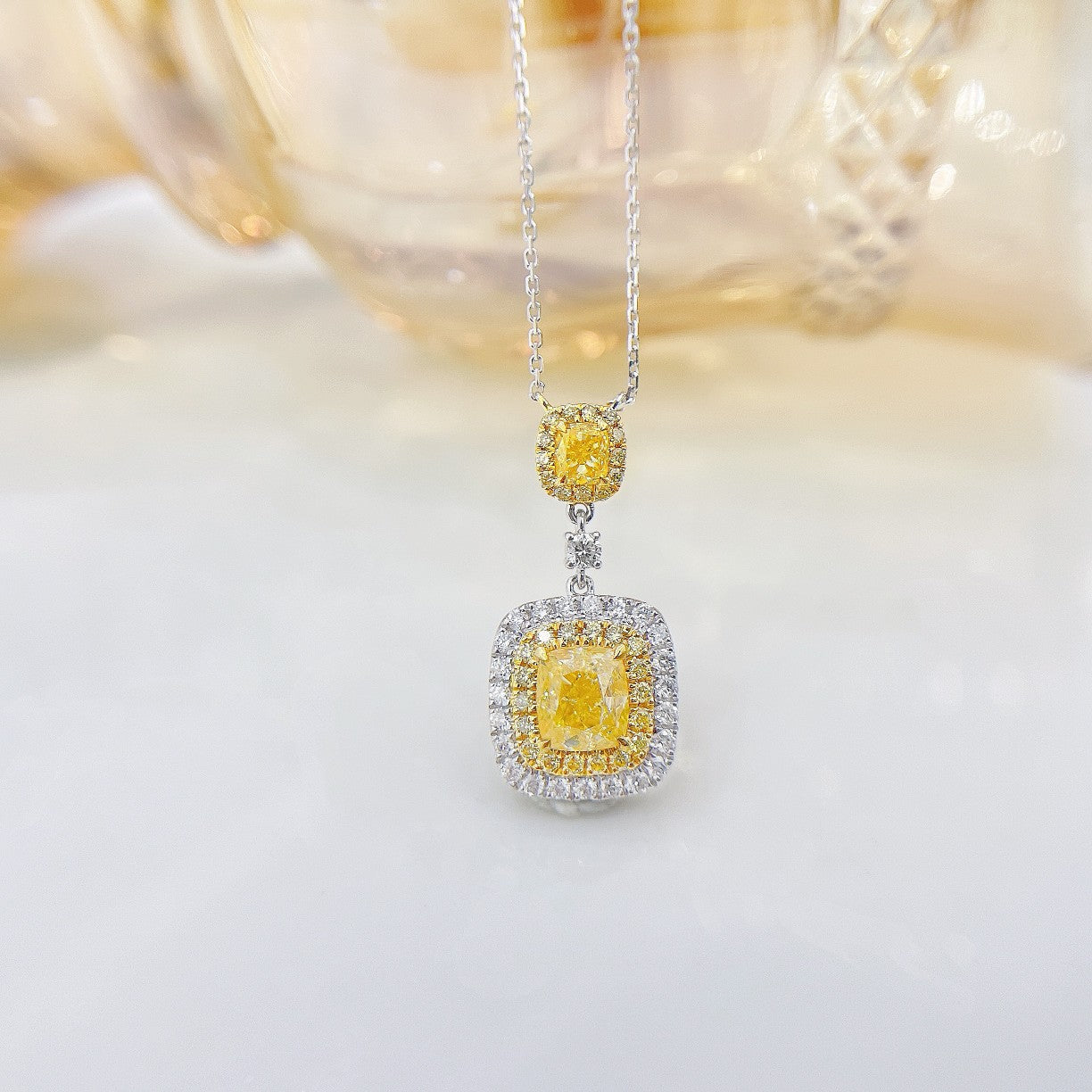 18K Yellow Gold Diamond Double Cushion-Cut Pendant Necklace - Premium Jewelry - Yellow Diamond Necklace