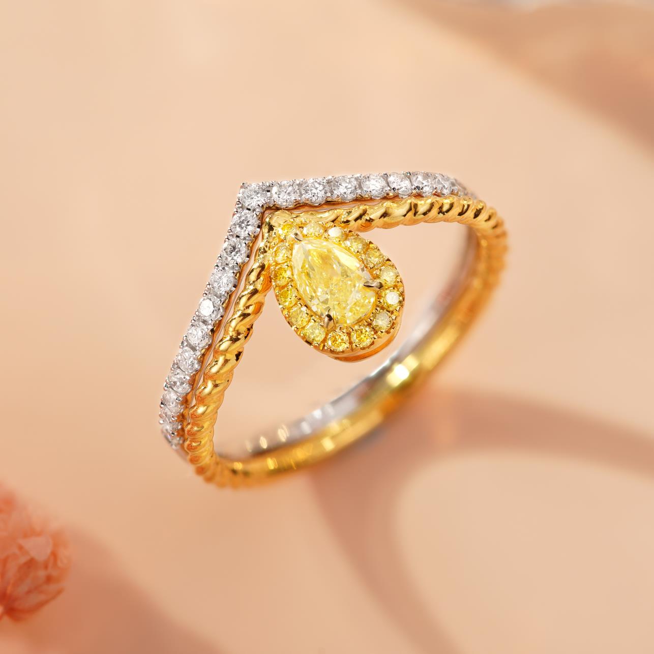 18K Yellow Gold Diamond Double V Drop Ring - Fine Jewelry - Yellow Diamond Ring