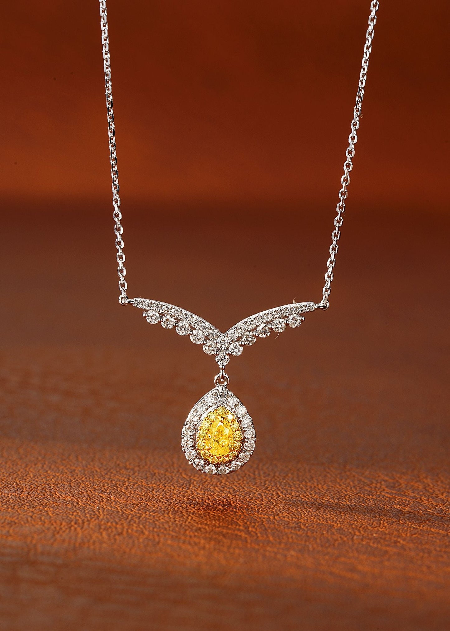 18K Yellow Gold Diamond Double V Pendant Necklace with Teardrop Design - Yellow Diamond Necklace