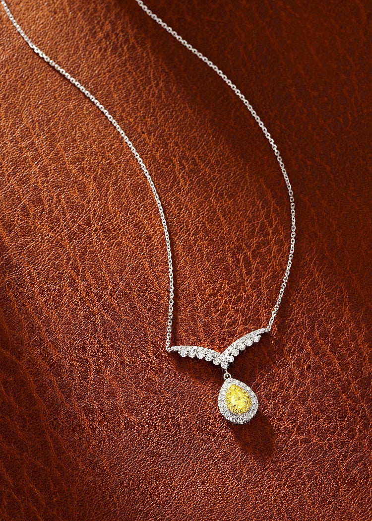 18K Yellow Gold Diamond Double V Pendant Necklace with Teardrop Design - Yellow Diamond Necklace