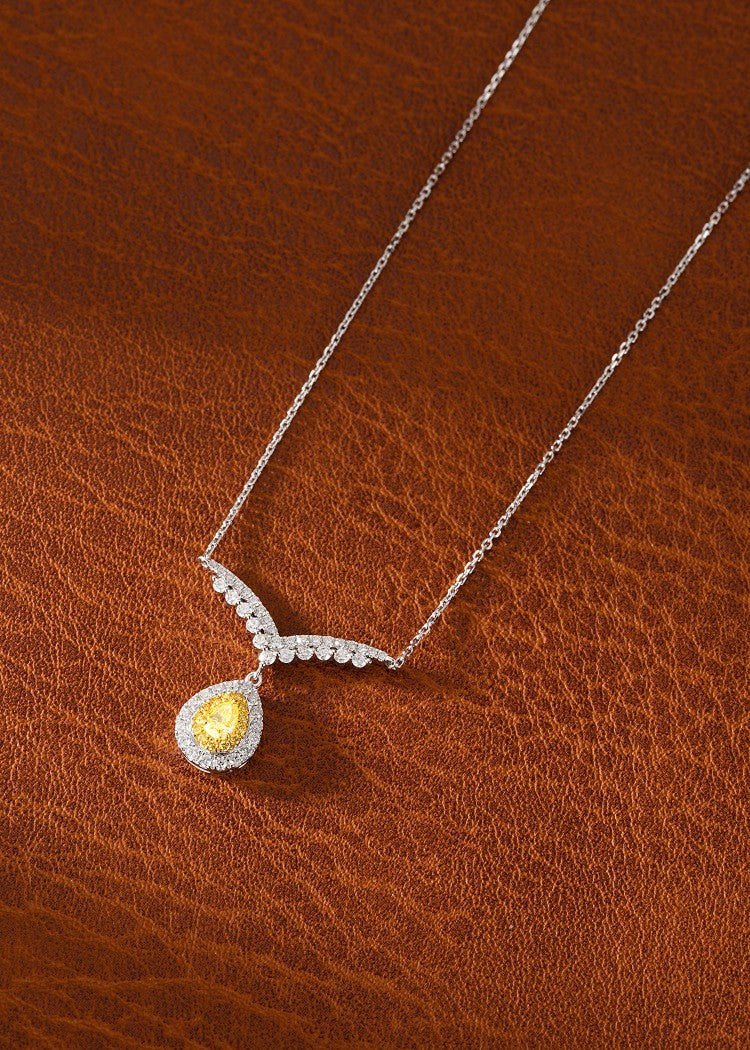 18K Yellow Gold Diamond Double V Pendant Necklace with Teardrop Design - Yellow Diamond Necklace