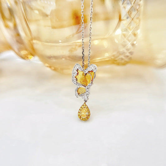 18K Yellow Gold Diamond Drop Butterfly Pendant Jewelry - Yellow Diamond Necklace