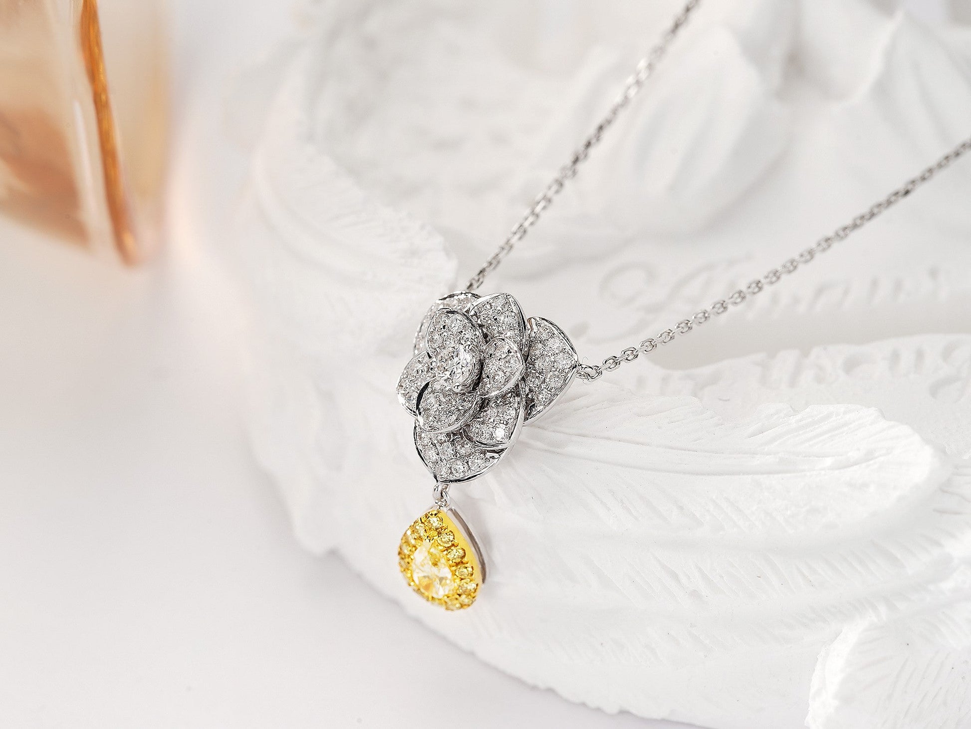 18K Yellow Gold Diamond Drop Countess Flower Necklace - Yellow Diamond Necklace