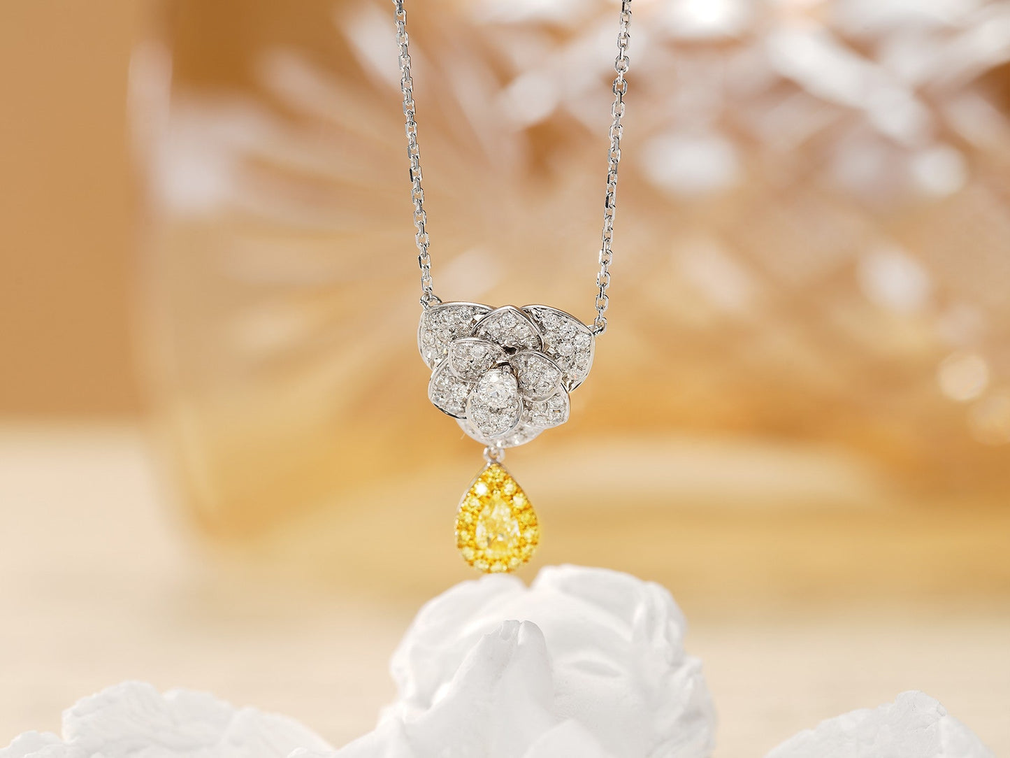 18K Yellow Gold Diamond Drop Countess Flower Necklace - Yellow Diamond Necklace