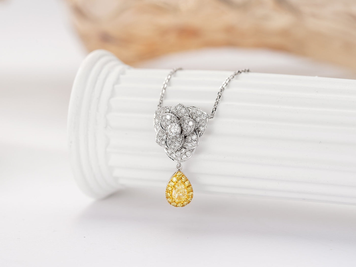 18K Yellow Gold Diamond Drop Countess Flower Necklace - Yellow Diamond Necklace