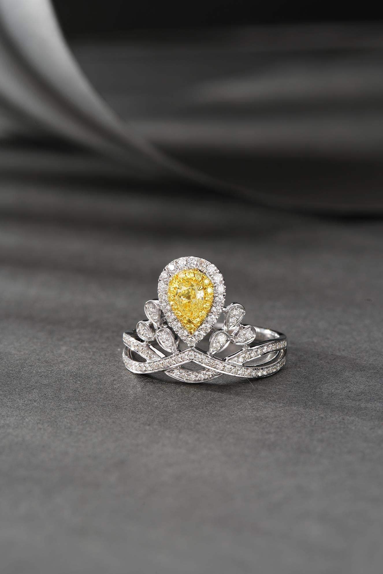 18K Yellow Gold Diamond Drop Crown Ring - Fine Jewelry - Yellow Diamond Ring