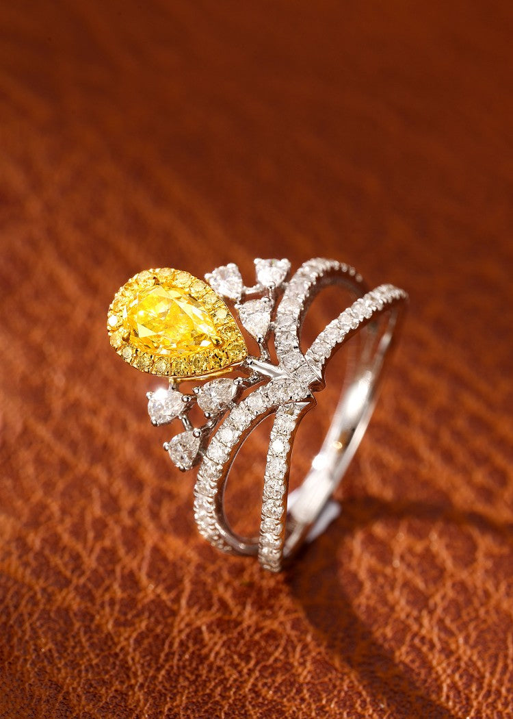 18K Yellow Gold Diamond Drop Crown Ring - Luxury Jewelry - Yellow Diamond Ring