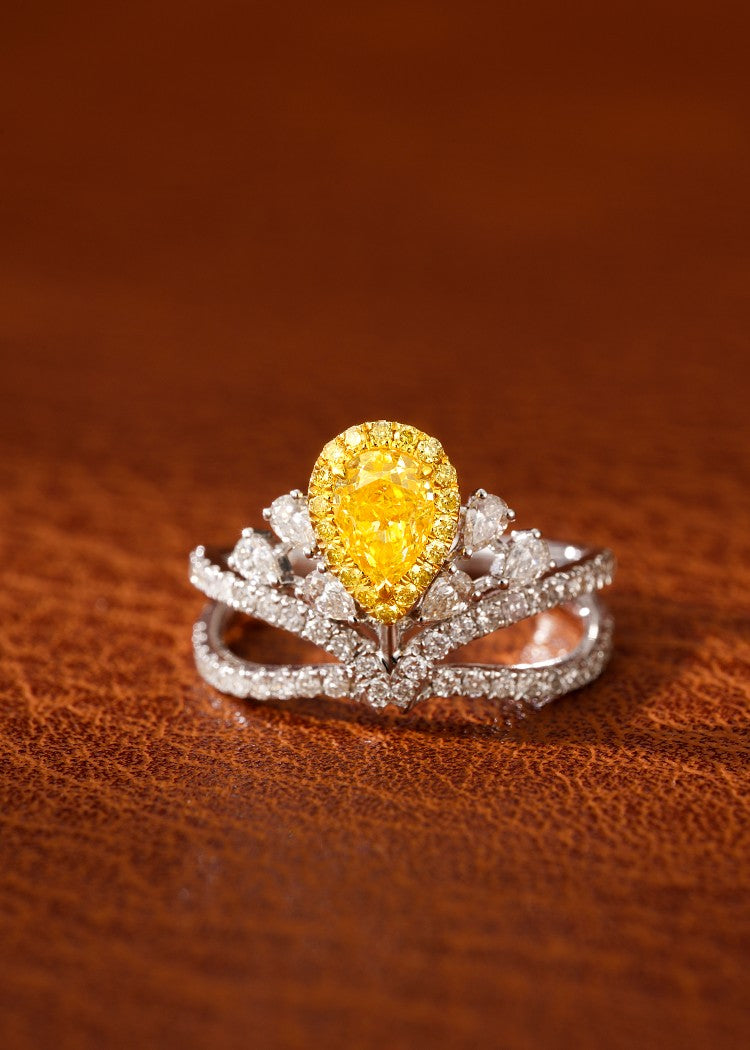 18K Yellow Gold Diamond Drop Crown Ring - Luxury Jewelry - Yellow Diamond Ring