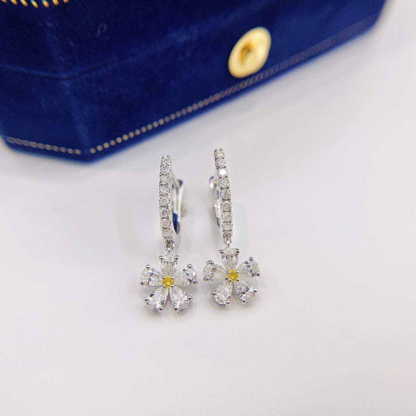 18K Yellow Gold Diamond Drop Flower Earrings - Luxury Jewelry Jeweler.Jewelry