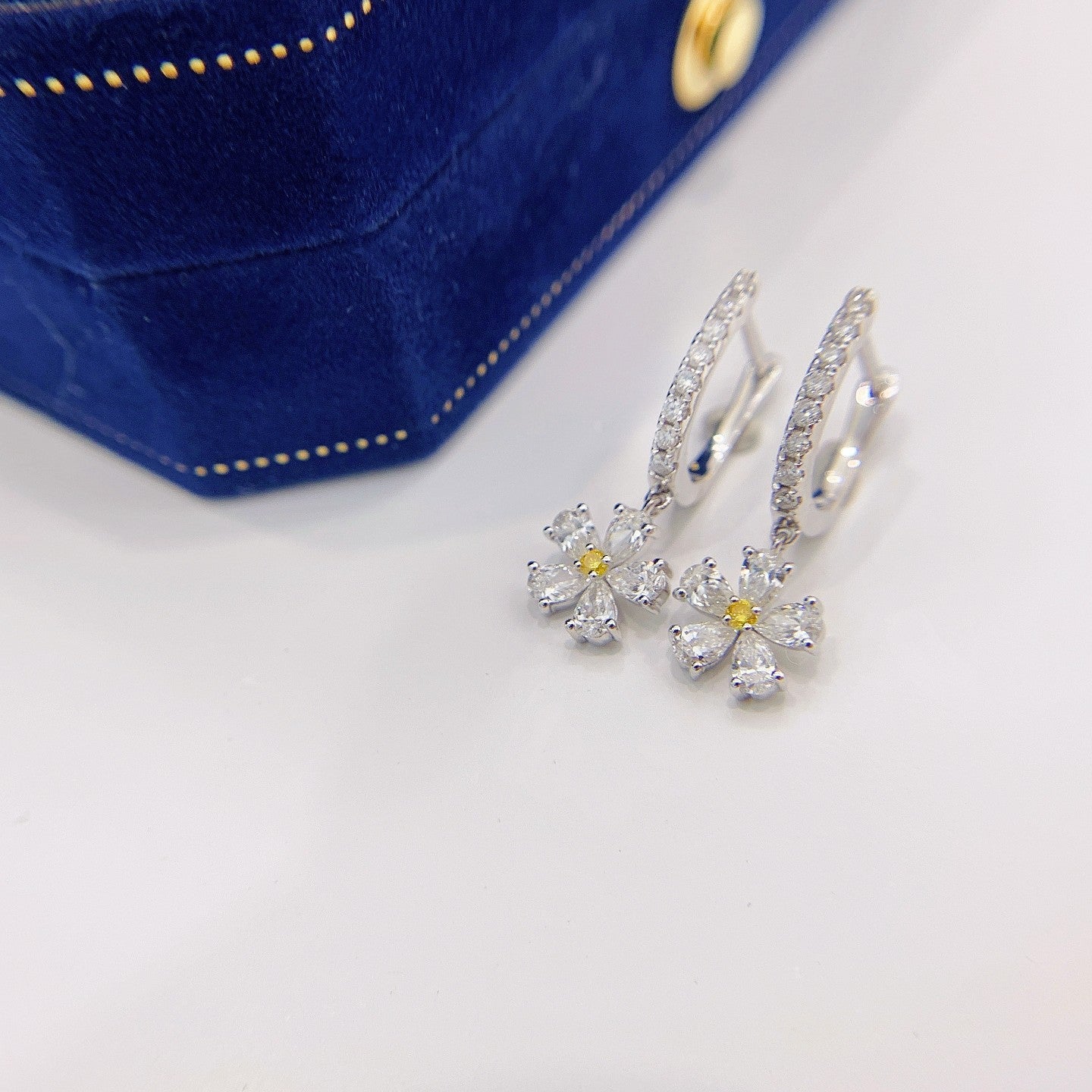 18K Yellow Gold Diamond Drop Flower Earrings - Luxury Jewelry Jeweler.Jewelry