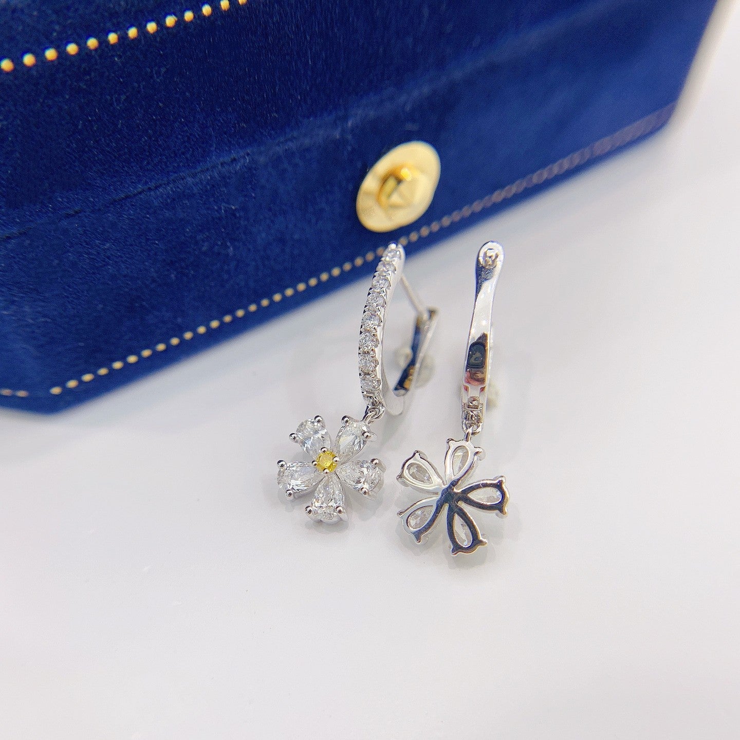 18K Yellow Gold Diamond Drop Flower Earrings - Luxury Jewelry Jeweler.Jewelry