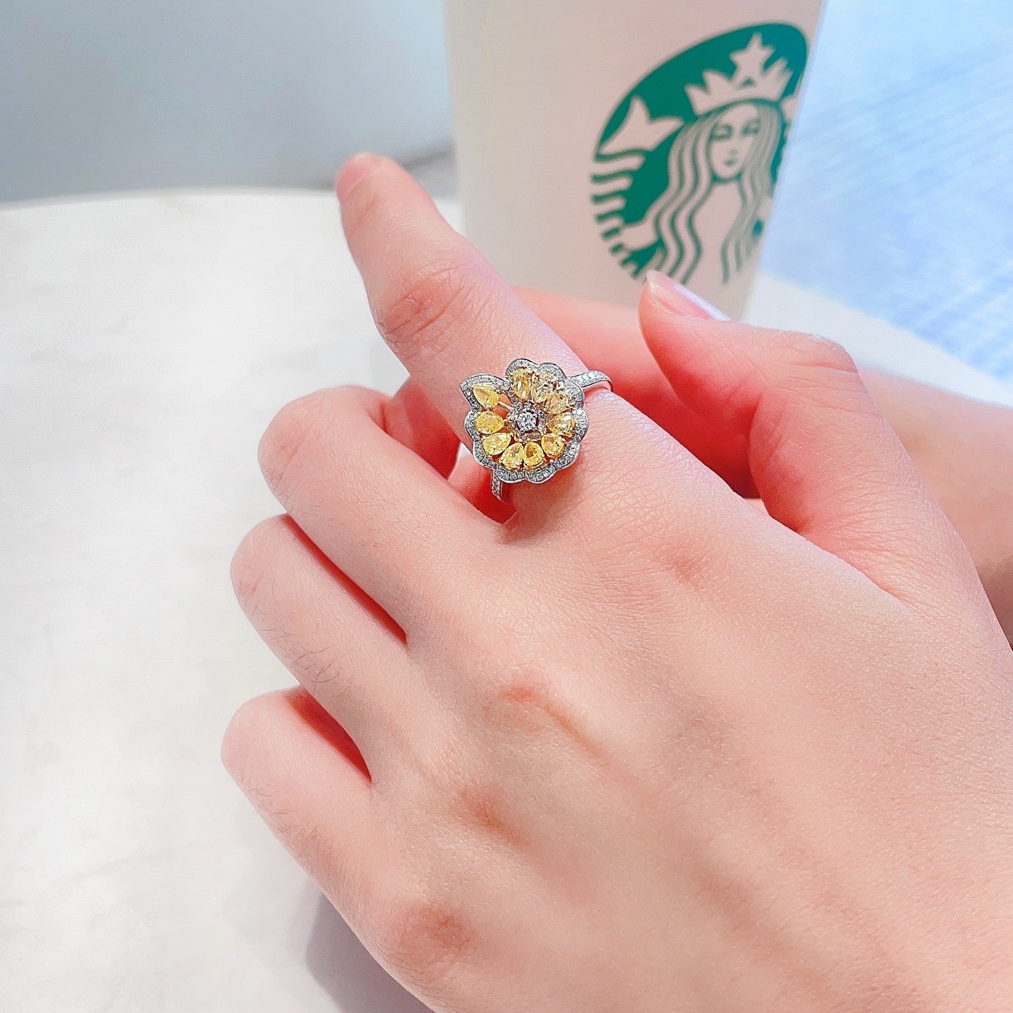 18K Yellow Gold Diamond Drop Flower Ring - Luxurious Jewelry - Yellow Diamond Ring