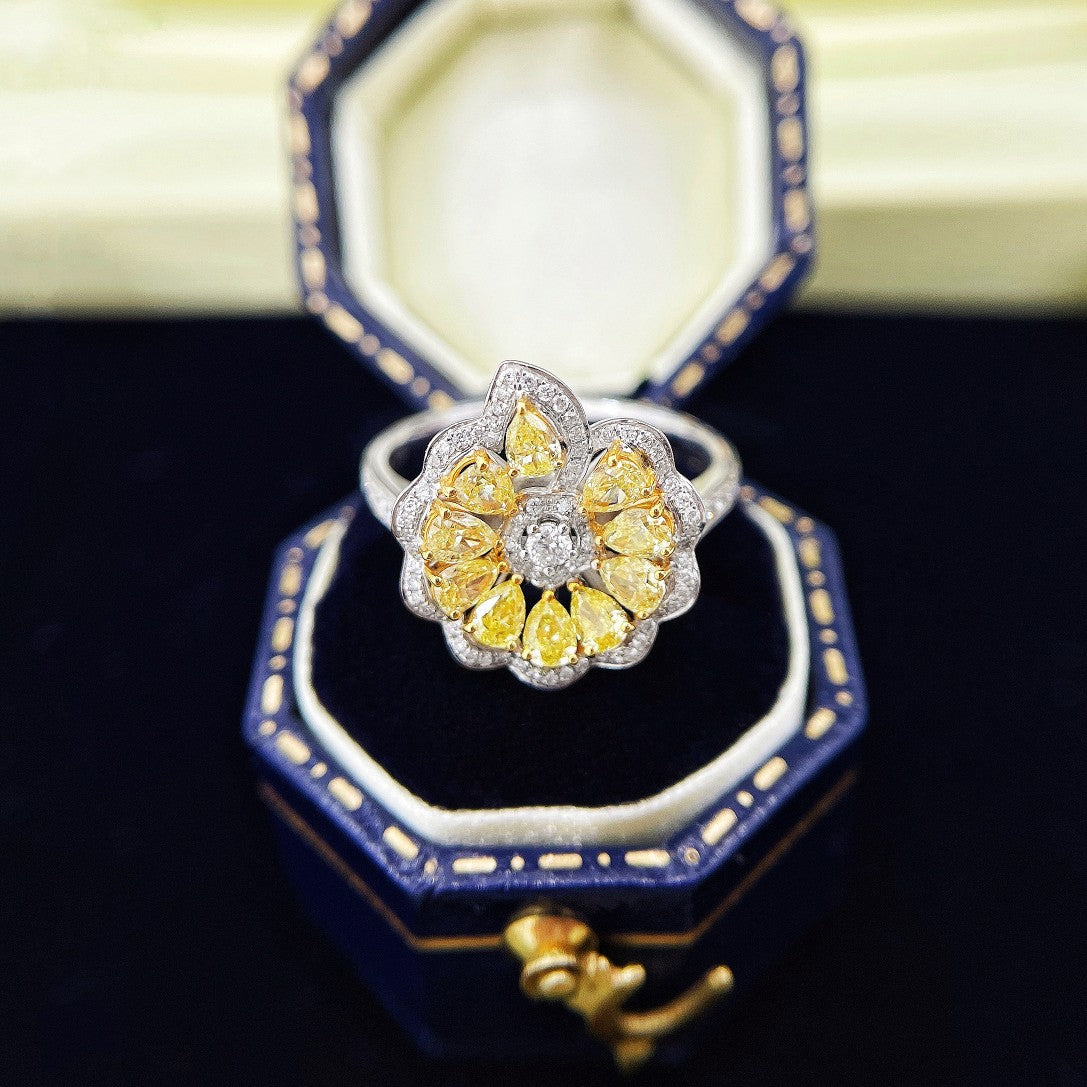 18K Yellow Gold Diamond Drop Flower Ring - Luxurious Jewelry - Yellow Diamond Ring