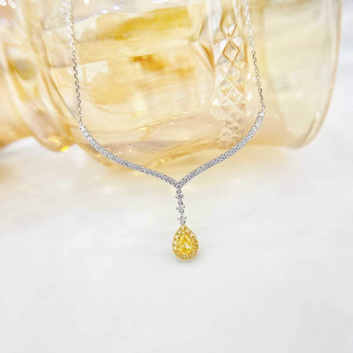 18K Yellow Gold Diamond Drop Large V Necklace - Luxurious Jewelry Piece - Yellow Diamond Necklace