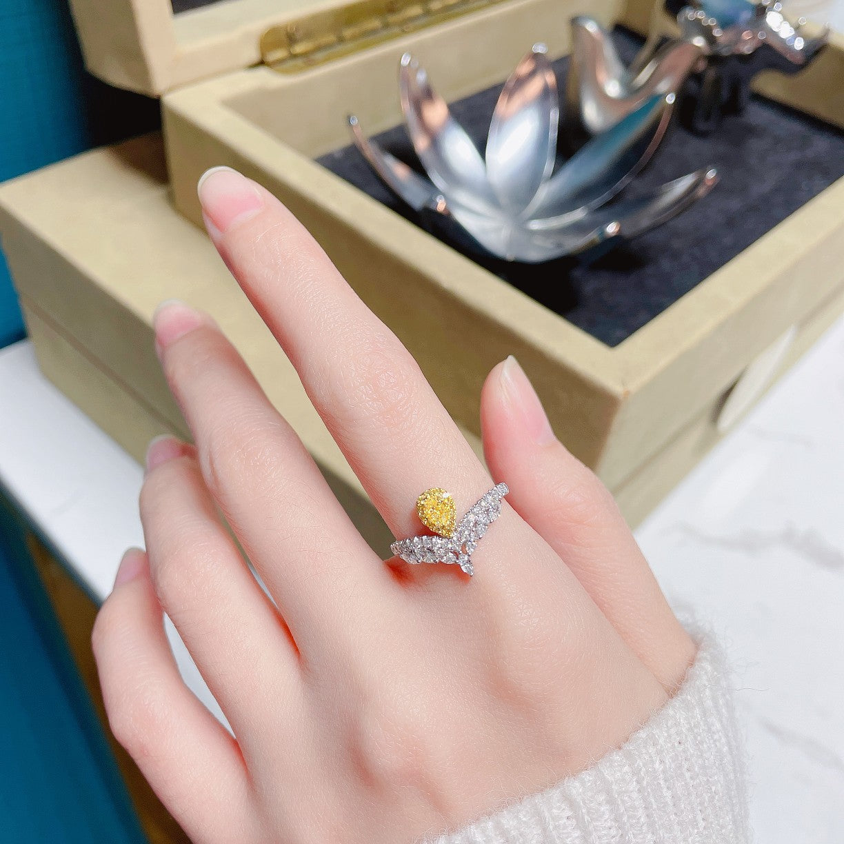 18k Yellow Gold Diamond Drop Marquise Ring | Luxury Jewelry - Yellow Diamond Ring