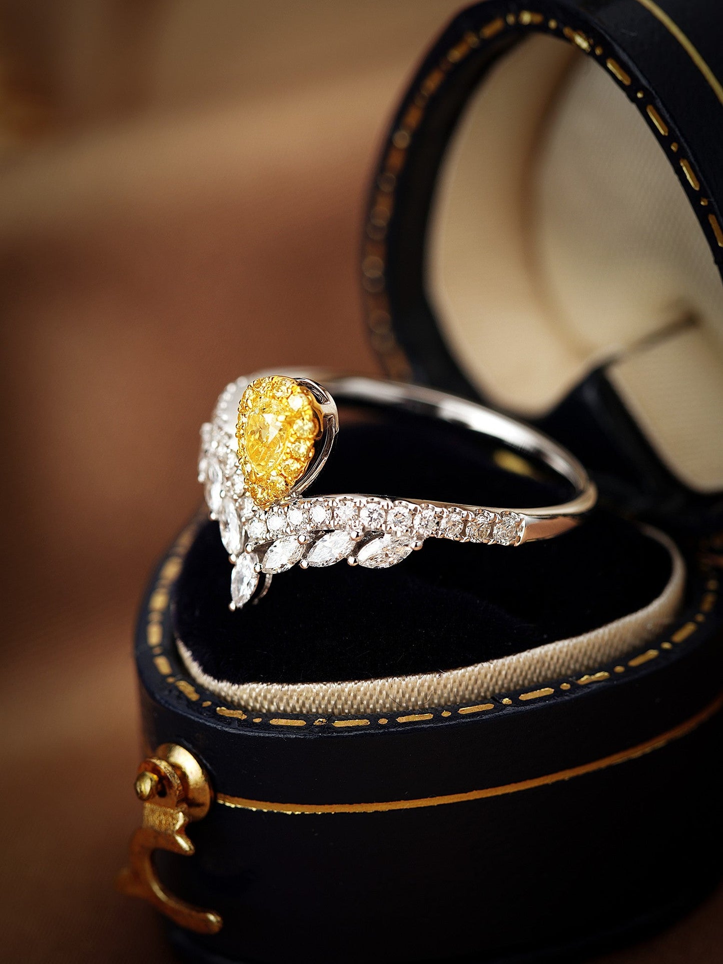 18k Yellow Gold Diamond Drop Marquise Ring | Luxury Jewelry - Yellow Diamond Ring