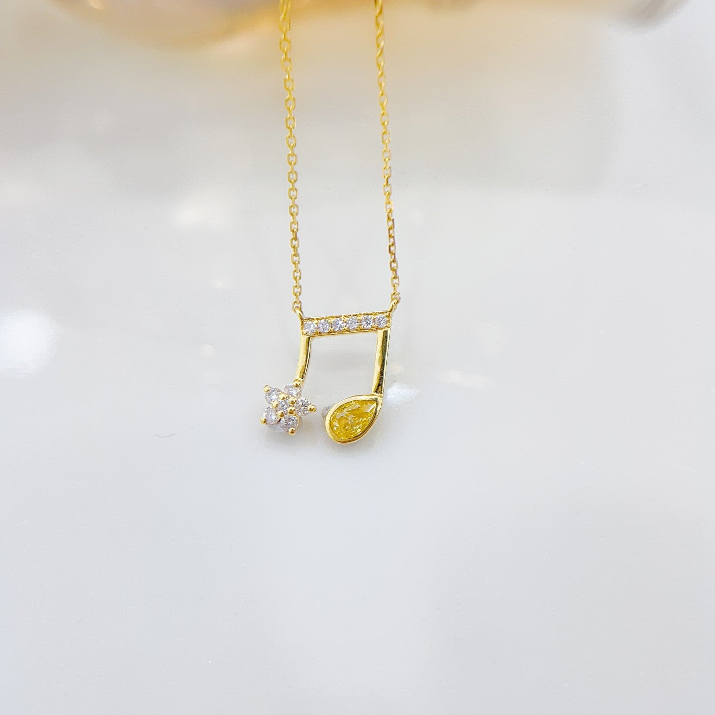 18K Yellow Gold Diamond Drop Musical Note Pendant - Luxury Jewelry - Yellow Diamond Necklace