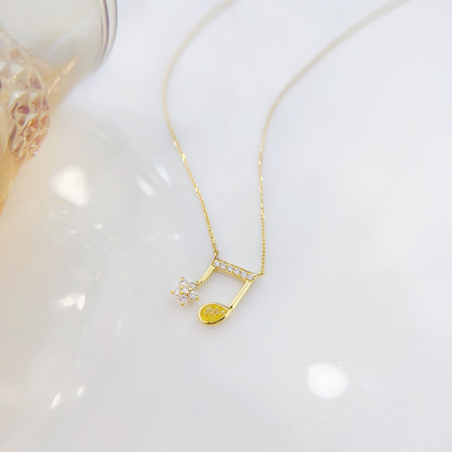 18K Yellow Gold Diamond Drop Musical Note Pendant - Luxury Jewelry - Yellow Diamond Necklace