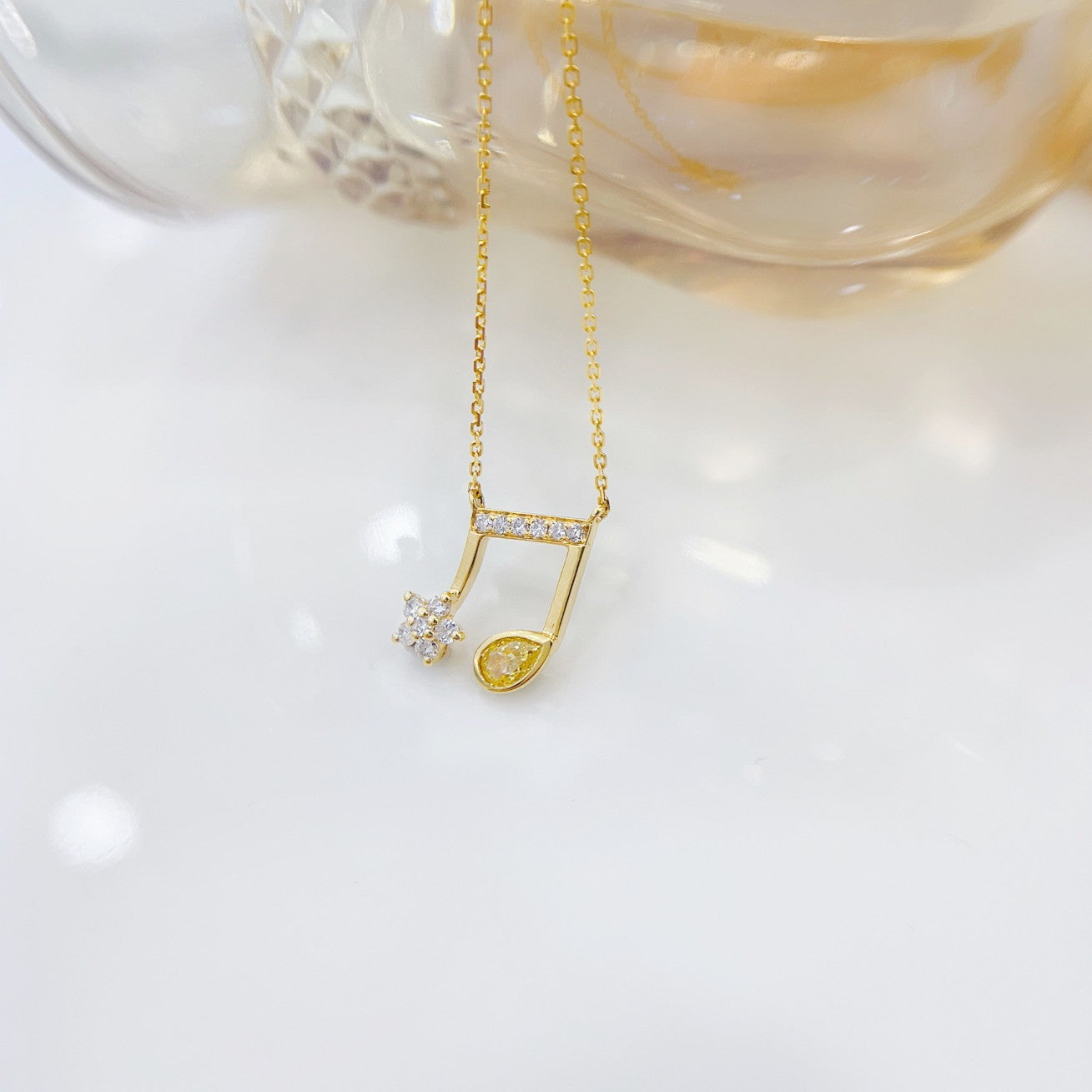 18K Yellow Gold Diamond Drop Musical Note Pendant - Luxury Jewelry - Yellow Diamond Necklace