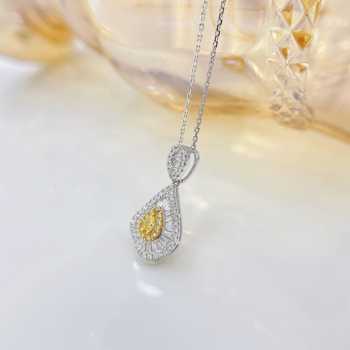 18K Yellow Gold Diamond Drop Pendant Necklace with Surrounding Diamonds - Yellow Diamond Necklace