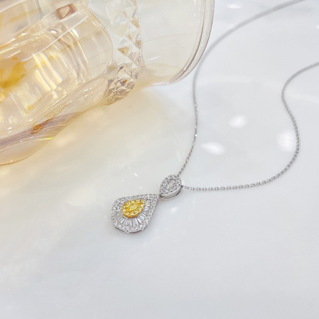 18K Yellow Gold Diamond Drop Pendant Necklace with Surrounding Diamonds - Yellow Diamond Necklace