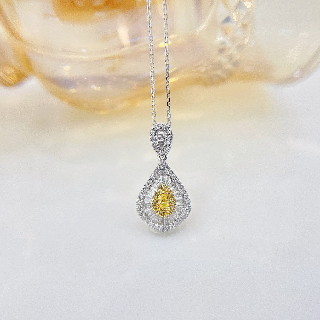 18K Yellow Gold Diamond Drop Pendant Necklace with Surrounding Diamonds - Yellow Diamond Necklace