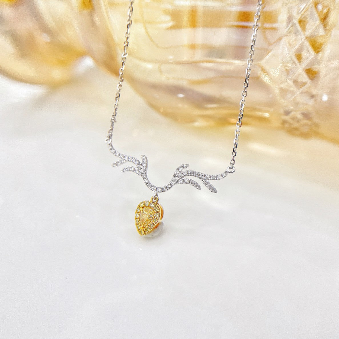 18K Yellow Gold Diamond Drop Pendant with Deer Antler Design - XL023-Y - Yellow Diamond Necklace