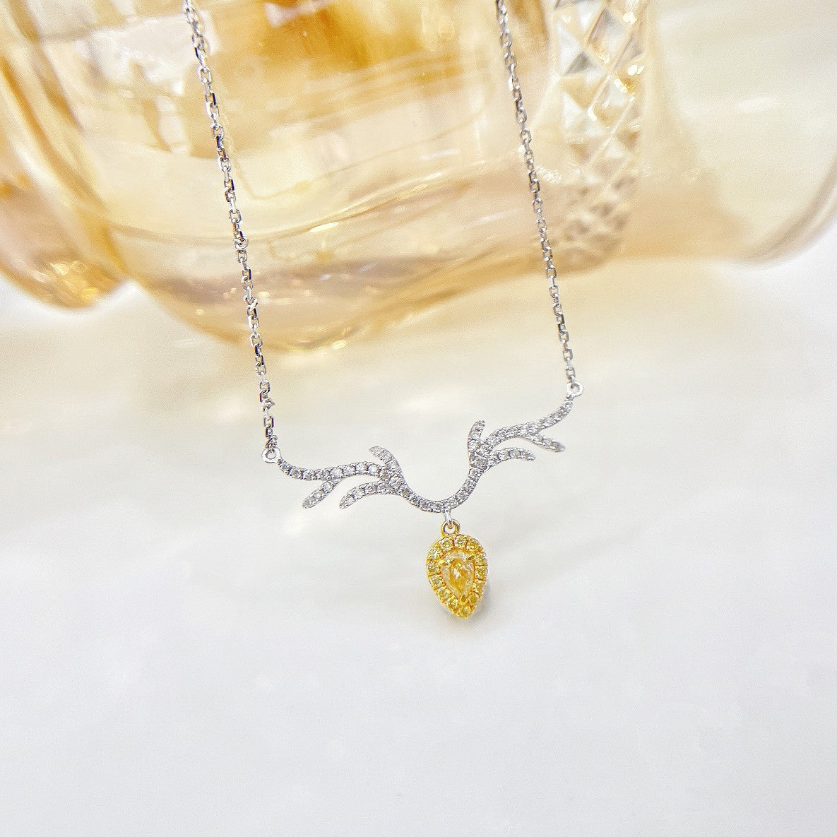 18K Yellow Gold Diamond Drop Pendant with Deer Antler Design - XL023-Y - Yellow Diamond Necklace