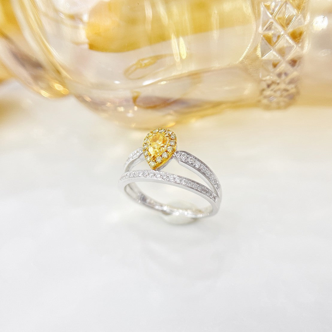 18K Yellow Gold Diamond Drop Ring - Luxury Jewelry - Yellow Diamond Ring