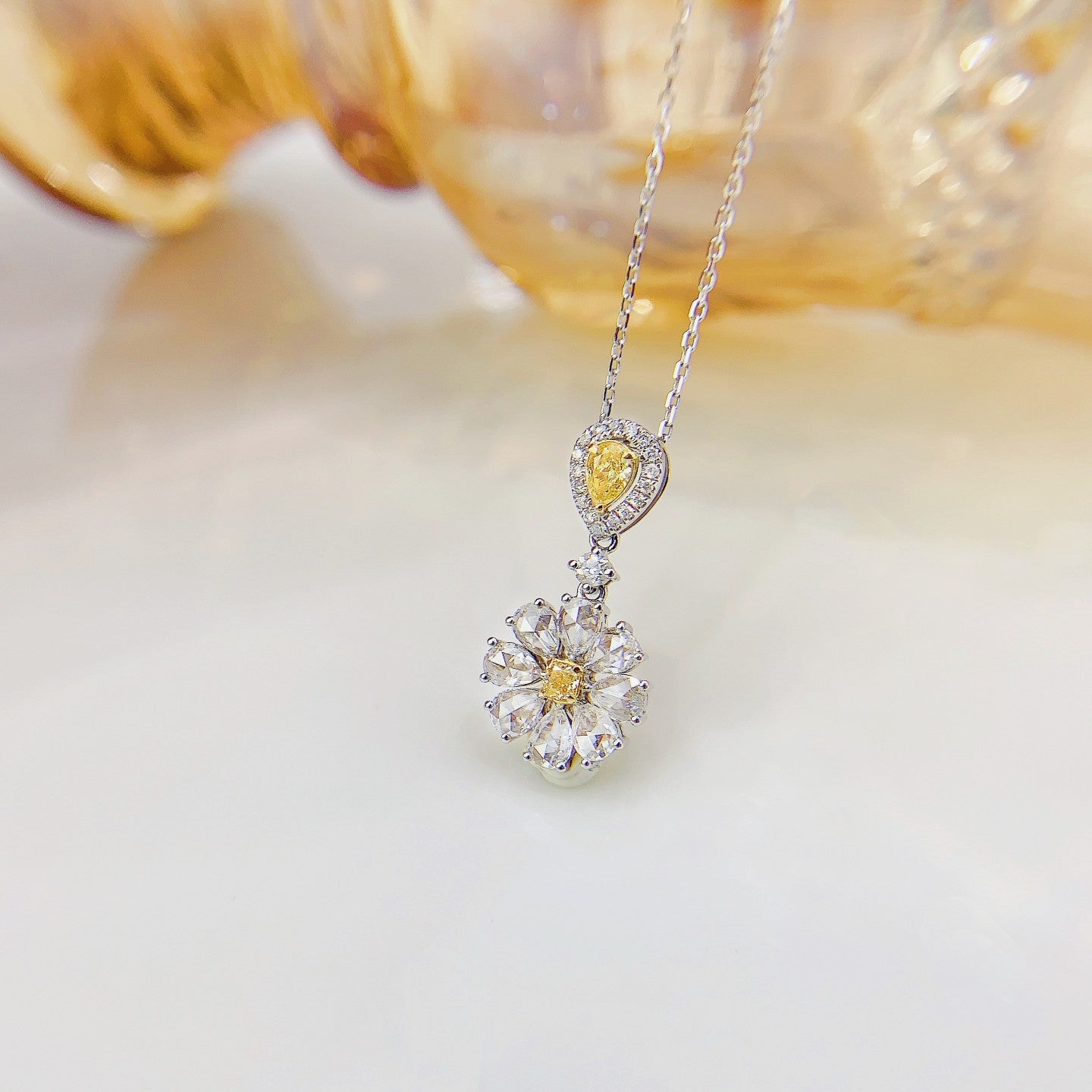 18K Yellow Gold Diamond Drop Rose Pendant Jewelry - Yellow Diamond Necklace