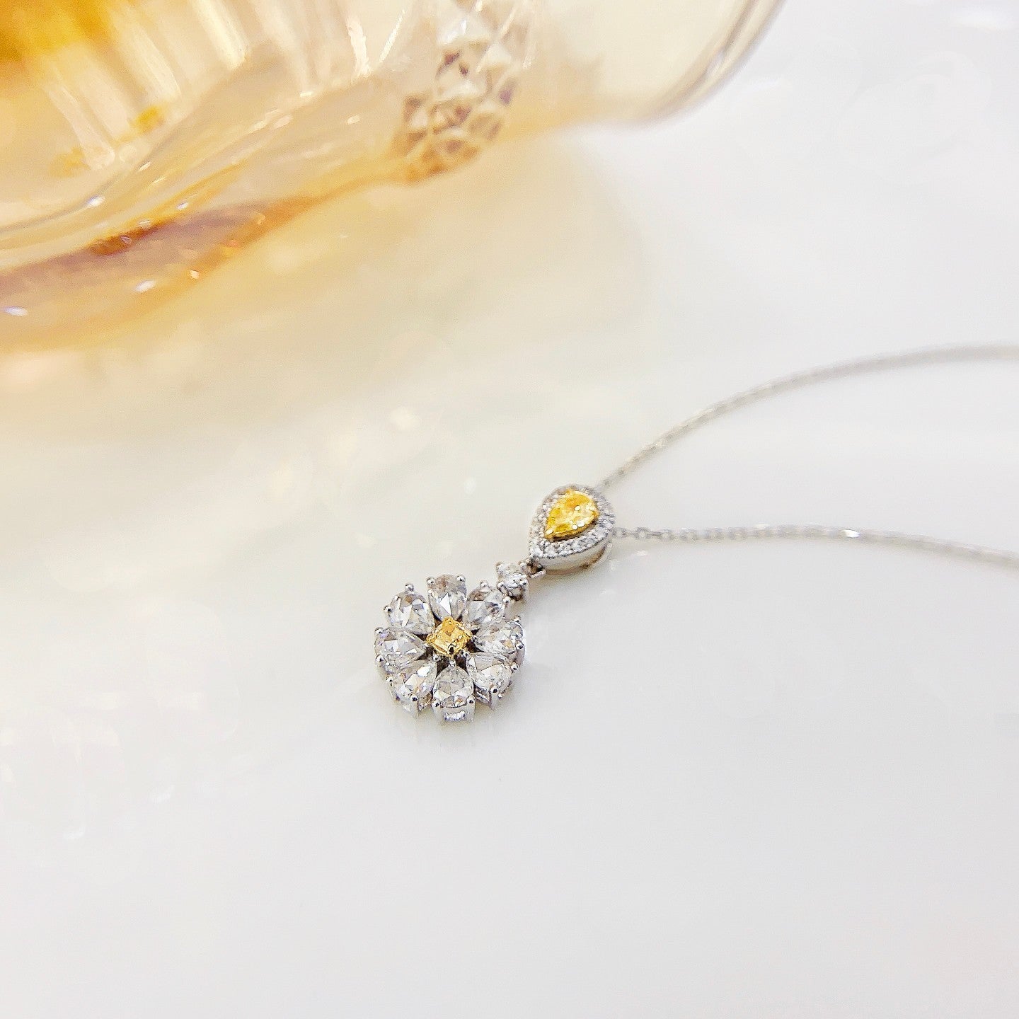 18K Yellow Gold Diamond Drop Rose Pendant Jewelry - Yellow Diamond Necklace