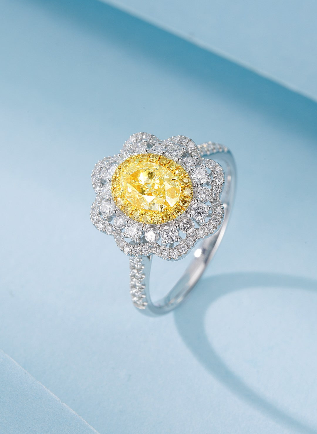 18K Yellow Gold Diamond Ellipse Cluster Ring with AGL Certificate - Yellow Diamond Ring