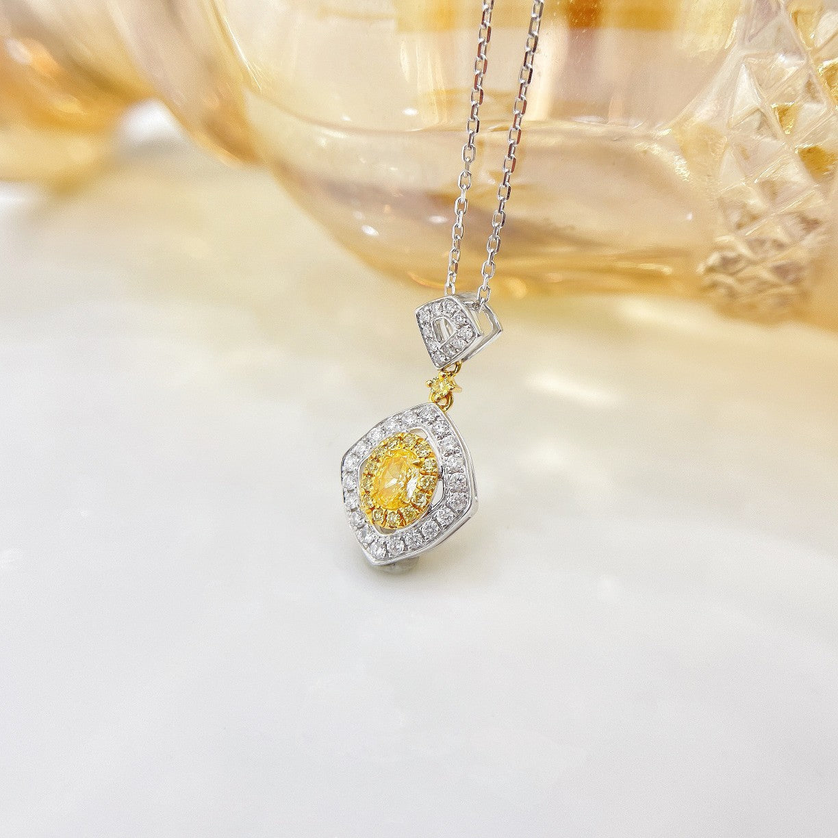 18K Yellow Gold Diamond Ellipse Inverted Triangle Clasp Necklace - Luxurious Jewelry - Yellow Diamond Necklace