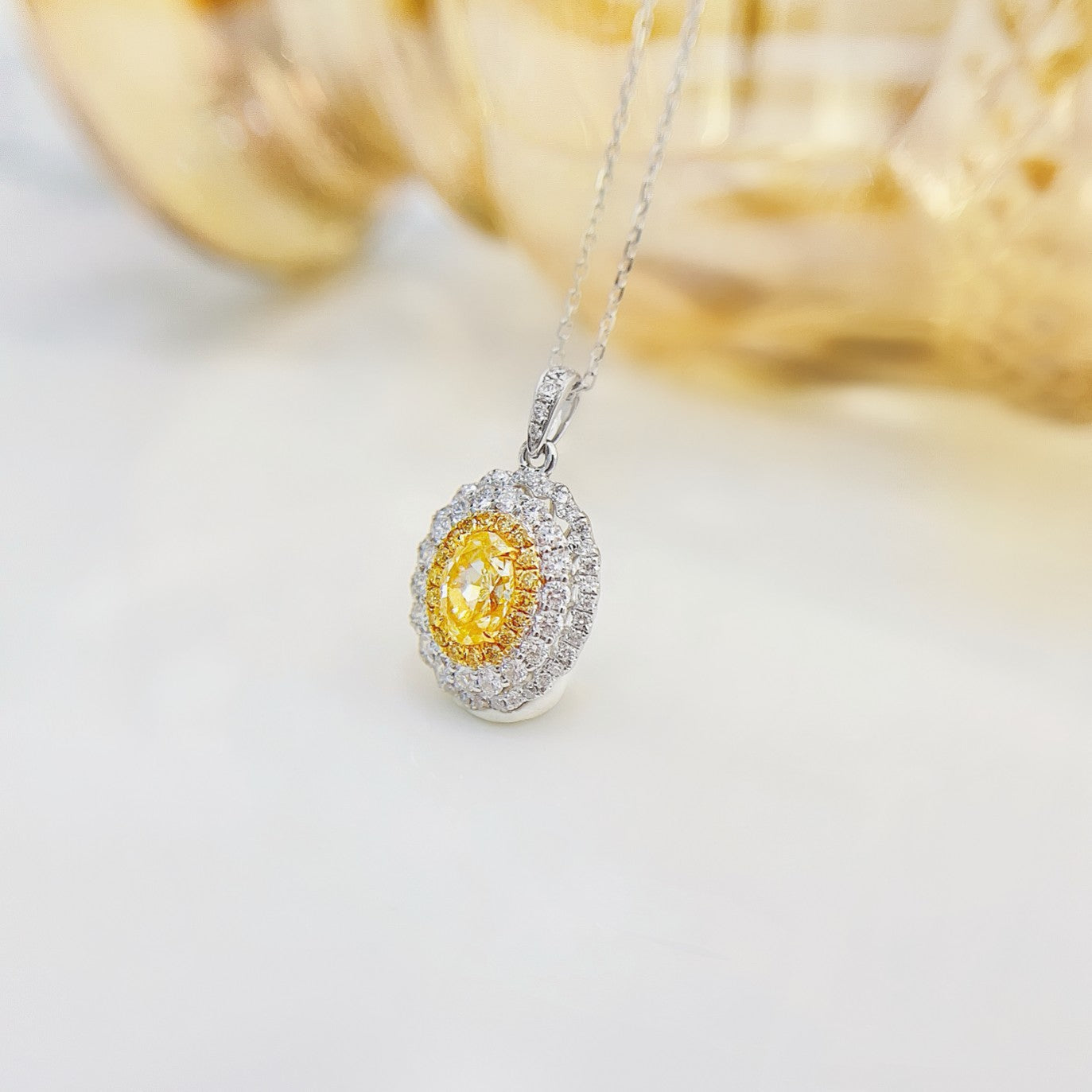 18K Yellow Gold Diamond Ellipse Pendant Necklace with Surrounding Stones - Yellow Diamond Necklace