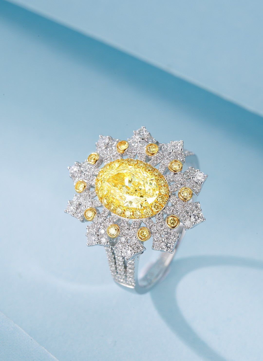 18K Yellow Gold Diamond Ellipse Sunflower Ring with AGL Certificate - Yellow Diamond Ring