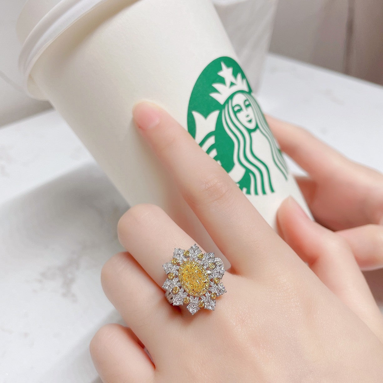 18K Yellow Gold Diamond Ellipse Sunflower Ring with AGL Certificate - Yellow Diamond Ring