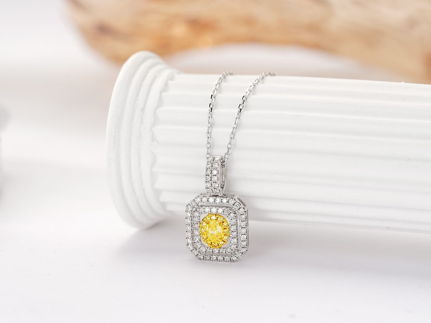 18K Yellow Gold Diamond Elliptical Double-Halo Hollow Necklace - Yellow Diamond Necklace