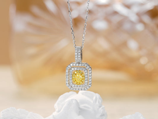 18K Yellow Gold Diamond Elliptical Double-Halo Hollow Necklace - Yellow Diamond Necklace