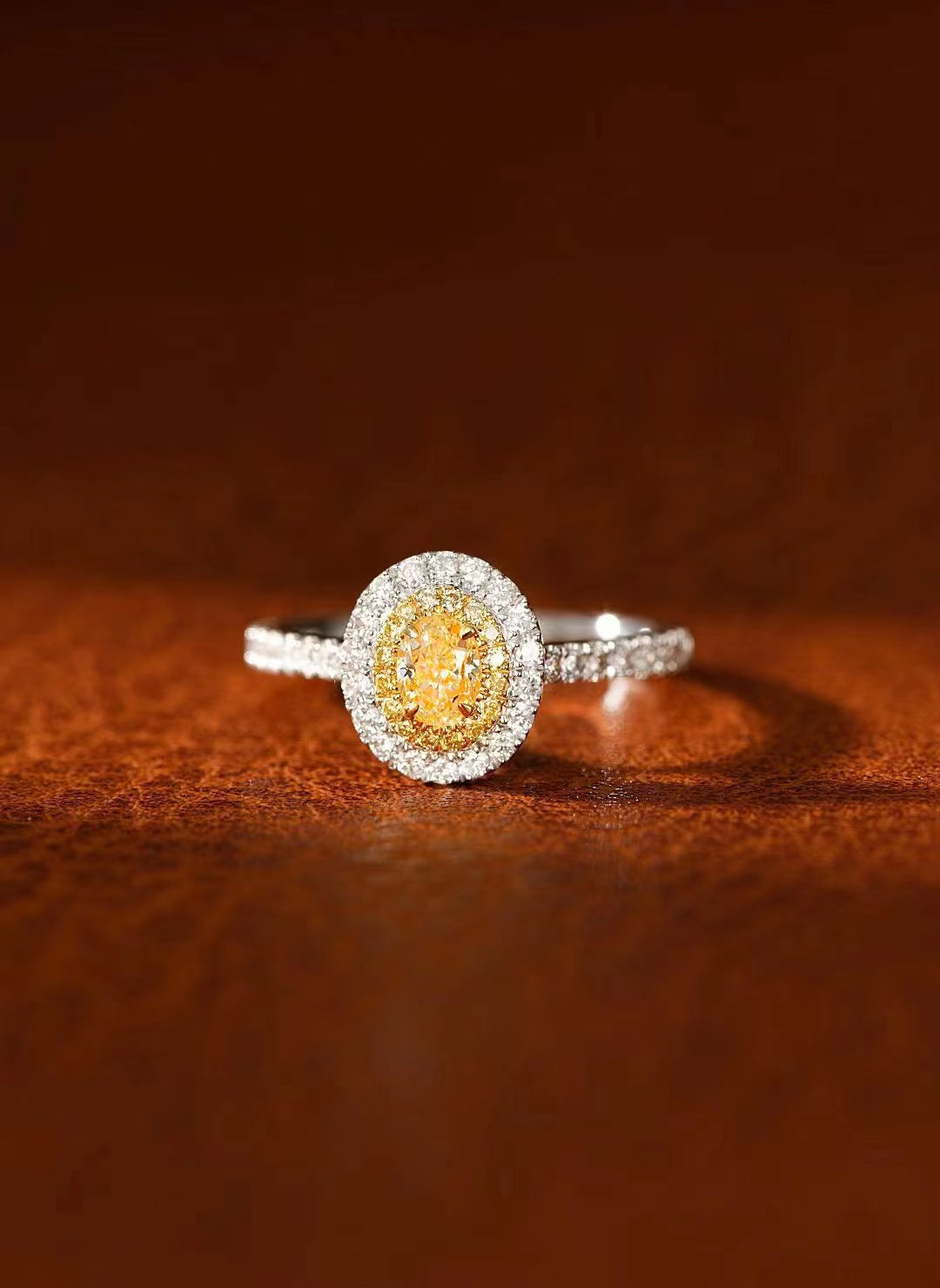 18K Yellow Gold Diamond Elliptical Double Halo Ring | Premium Jewelry - Yellow Diamond Ring