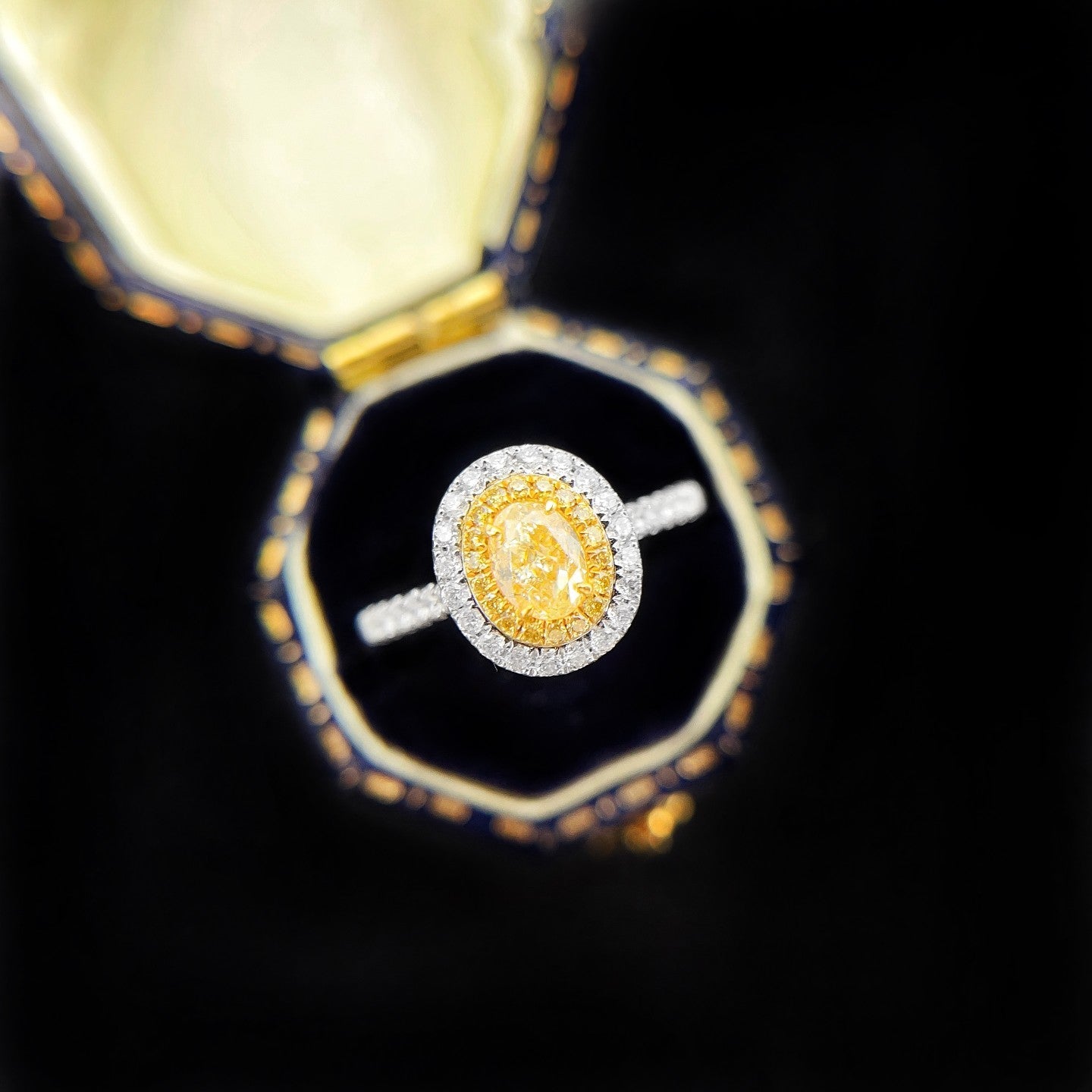 18K Yellow Gold Diamond Elliptical Double Halo Ring - Premium Jewelry - Yellow Diamond Ring