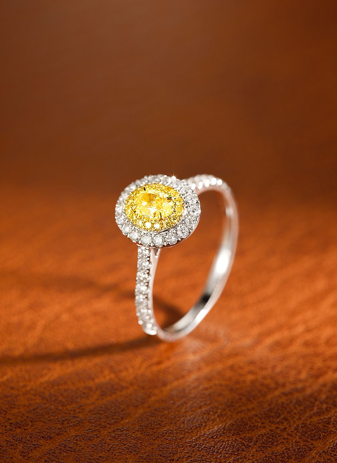 18K Yellow Gold Diamond Elliptical Double Halo Ring | Premium Jewelry - Yellow Diamond Ring