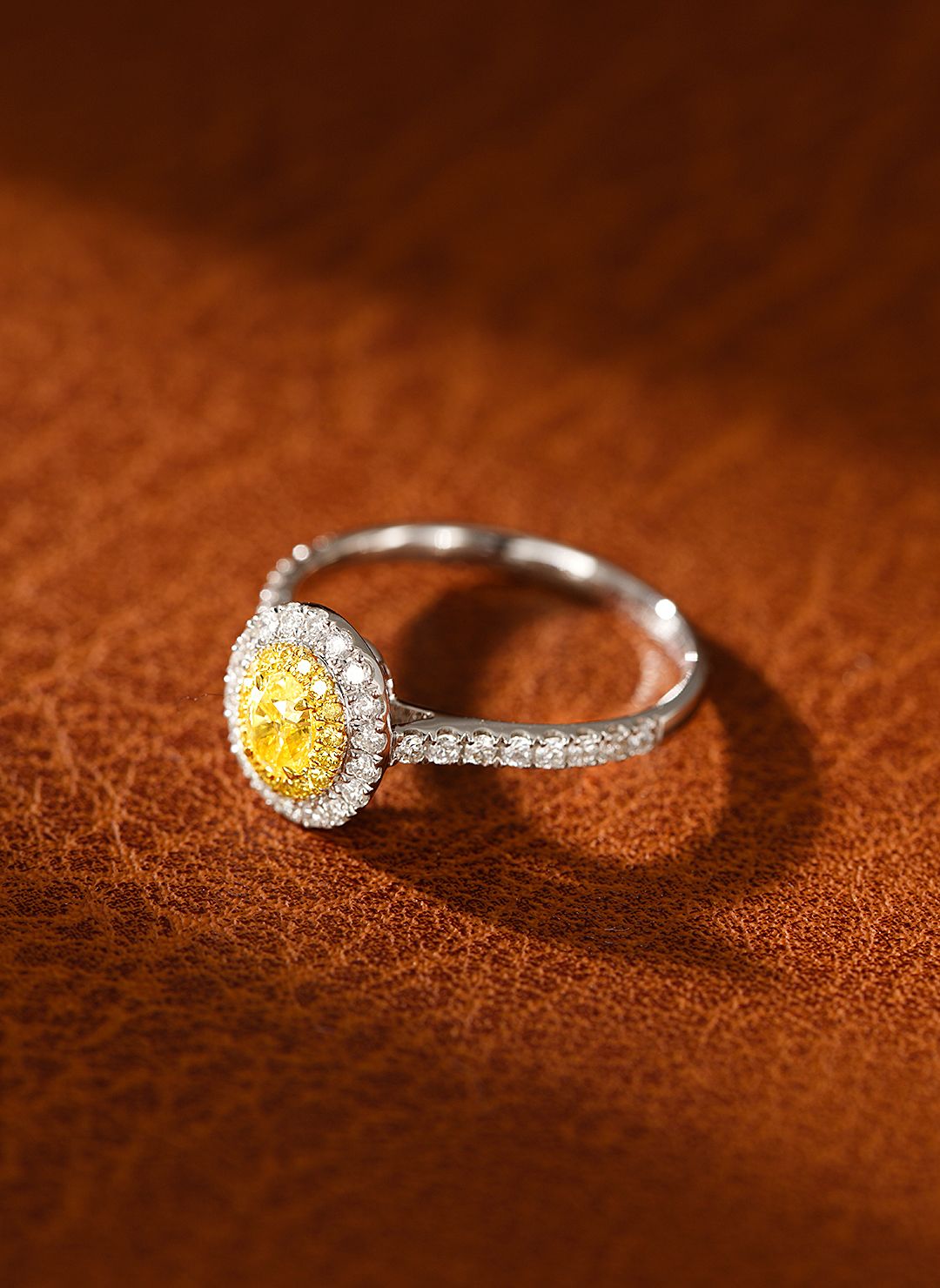 18K Yellow Gold Diamond Elliptical Double Halo Ring | Premium Jewelry - Yellow Diamond Ring