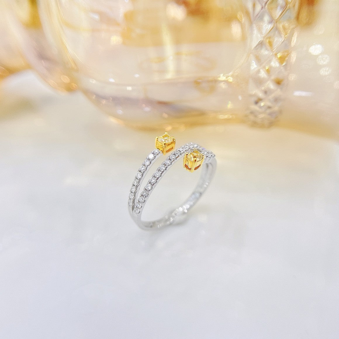 18K Yellow Gold Diamond Elliptical Double Stone Ring - Luxury Jewelry - Yellow Diamond Ring