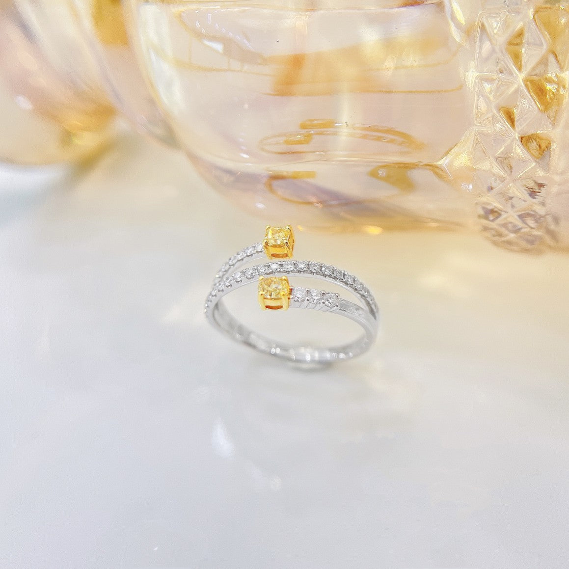 18K Yellow Gold Diamond Elliptical Double Stone Ring - Luxury Jewelry - Yellow Diamond Ring